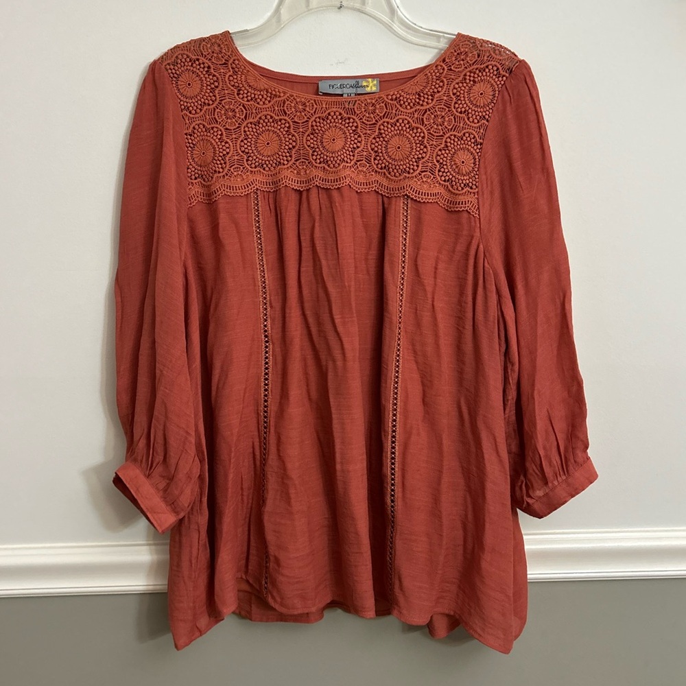 Figueroa & Flower Orange Lace Crochet Embroidered Cut Out Blouse Size Medium